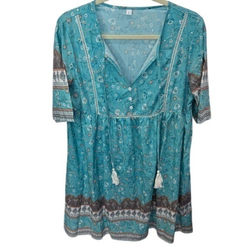 Boho‎ Floral Print Mini Dress Turquoise White Tassel Tie Neck Babydoll L